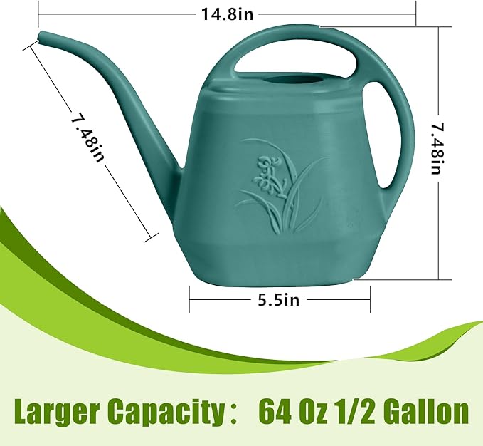 Plastic Watering Can - for Indoor and Outdoor Home Garden Plants - with Long Spout - Green - 1/2 Gallon
