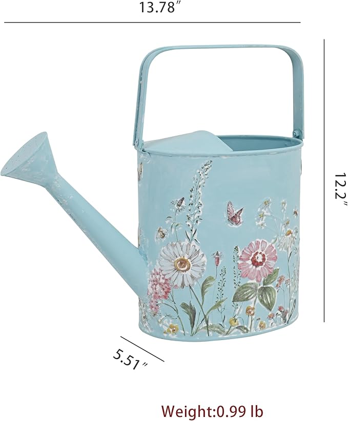 Vintage Floral Metal Watering Can for Indoor/Outdoor Plants, Blue Functional Garden Waterer with Long Spout, Garden Water Pot Rustic Decor for Home Garden Patio