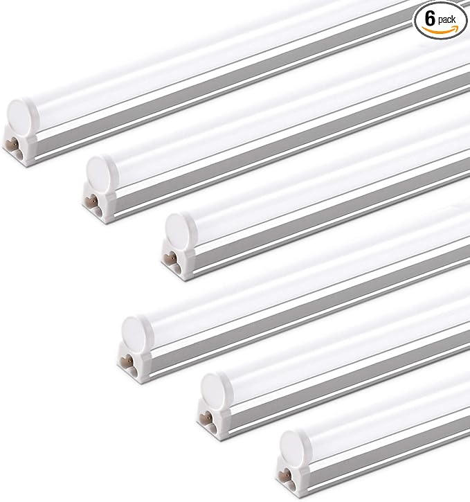 Barrina 6 Pack LED T5 Integrated Single Fixture 1FT, 600lm, 5W, 6500K, Linkable Under Cabinet Lighting, Shop Light for Workbench, Room, Kitchen Tube Light, Garage, Corded Electric with ON/Off Switch