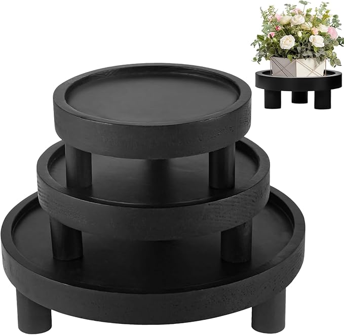 3 Pcs Wooden Risers for Display, Round Wood Riser Plant Stand 5/6/8" Pedestal Stand, Flower Pot Holder Small Planter Tray for Kitchen Home Décor (Black)