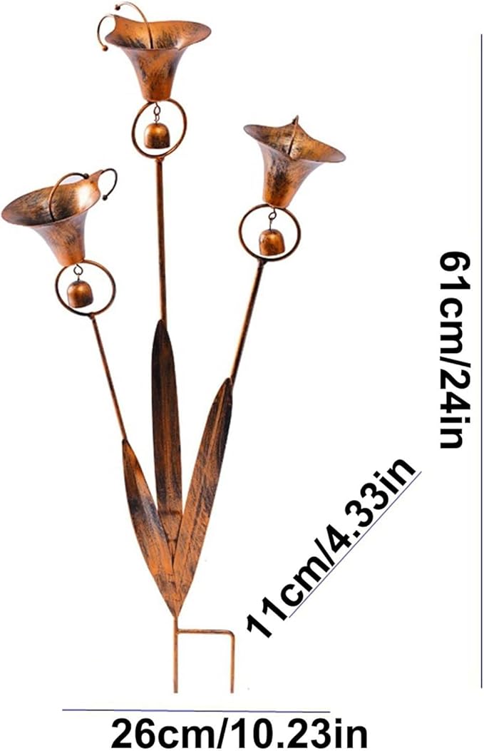 Flamed Copper Calla Lily Garden Stake with 3 Bells - 24" Large Metal Rain Catcher Flower Sculpture, Weather-Resistant Outdoor Yard Art Decor for Patio, Backyard & Gardening Gift (3 pcs)