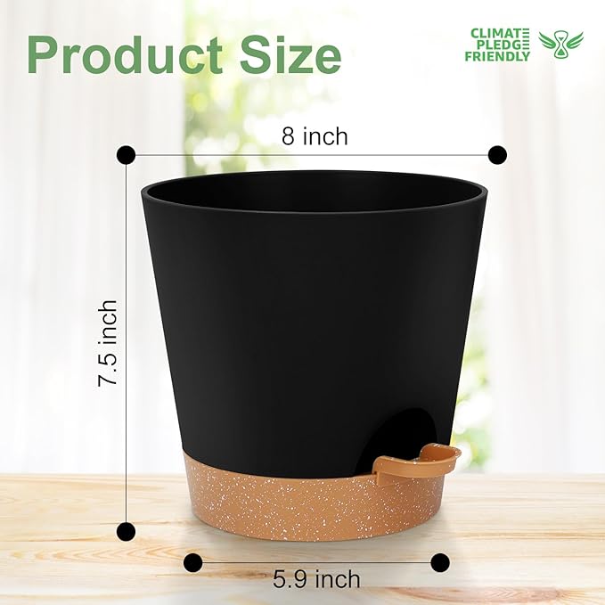 YNNICO 8-Inch Plant Pots, Self-Watering Planters with Drainage Holes & Saucers for Indoor and Outdoor Plants (2-Pack,Black)