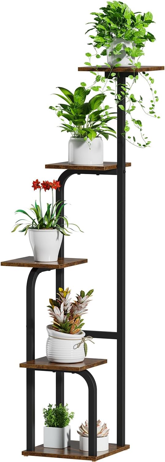Asgolion 5 Tier Plant Stand Indoor, Plant Shelf for Multiple Plants, Flower Pot Holder Shelf, Planter Display Rack for Patio Garden Balcony Living Room Bedroom Decor, Rustic Brown