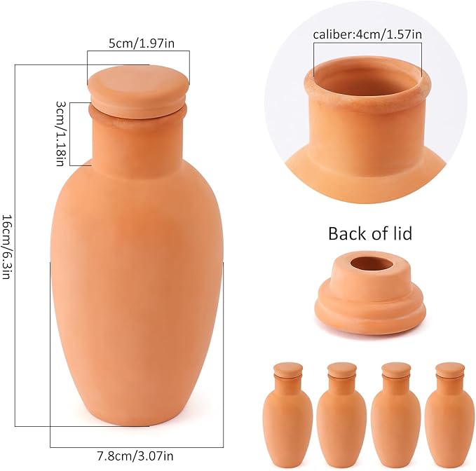 4pcs Ollas 3.1inch Plant Watering Globes Clay Watering Pot with lid Terra Cotta Clay Irrigation Globes Terracotta Watering Simple Irrigation Peripheral Water System Self Watering System