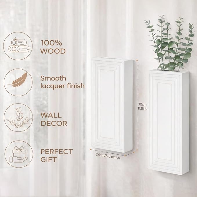 Wooden Wall Planter Vase,2 Pack Hanging Planter for Indoor Fake Plants Modern Boho Farmhouse Wall Art Decor for Home Indoor Kitchen Modern Farmhouse Bathroom Living Room Dining Room(White)