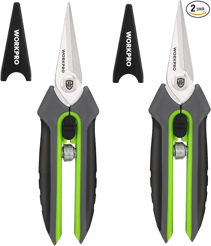 WORKPRO 2 Pack Garden Pruning Shears with Sheath, 6.5” Small Hand Pruners/Snips/Clippers- Spring Loaded & Precision Straight Blades, Microgreen Trimming Scissors for Flowers, Weeds, Indoors Bonsai