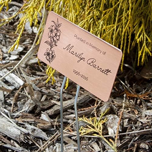 Outdoor Metal Garden Sign, Label, or Memorial. 4 x 2" or 6 x 4" sign with rounded corners and a 10" stake. Materials Include: Stainless Steel, Brass, Copper, Bronze and Titanium. (Copper, 4 x 2")