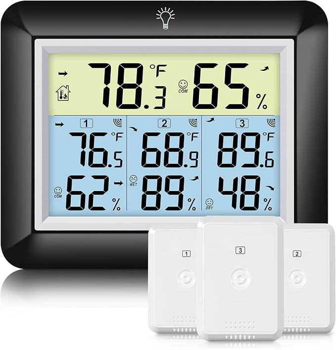 Urageuxy Indoor Outdoor Thermometer Wireless with 3 Sensors, 328ft Range Digital Hygrometer Temperature Humidity Monitor for Home, Greenhouse, Kitchen, Bedroom, Backlight, Black