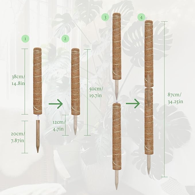Moss Pole for Plants 4 Pack Natural Coco Coir Climbing Support Stakes with Plant Ties Indoor Monstera Plant Training Extension Poles 14.8inch Each Total 59.2inch