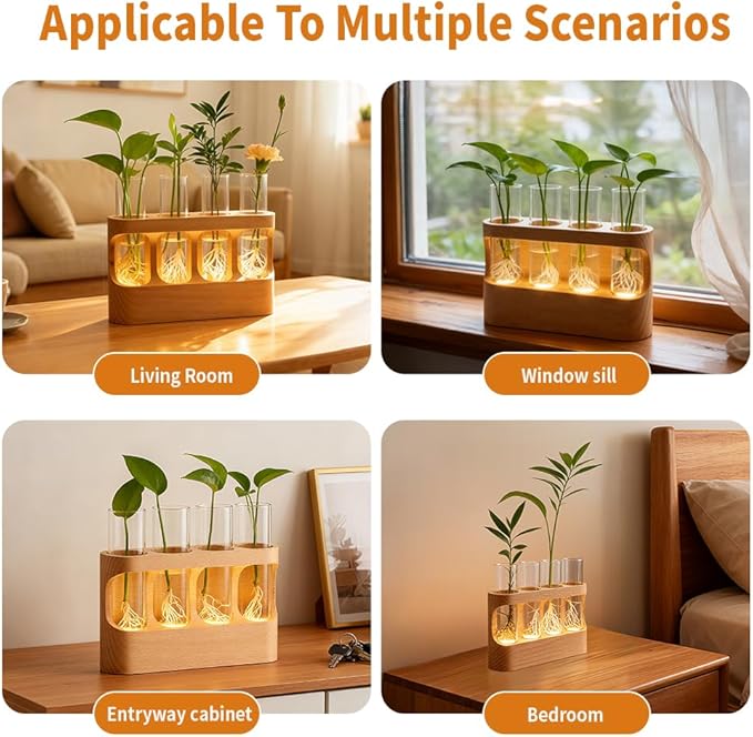 Rechargeable Plant Propagation Station with Wooden Stand,Desktop Terrarium Home Decor Dimmable LED Light 4 Glass Tubes Vases for Hydroponic Plants for Women