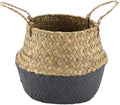 2PCS Large Seagrass Belly Basket Planter Woven Rattan Wicker Plant Pot Round Boho Decorative Wicker Planter for Home Decor(Black)