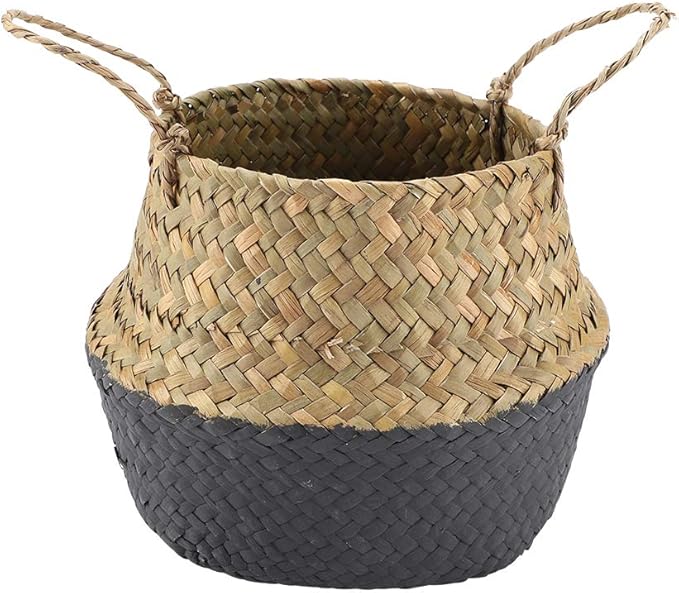 2PCS Large Seagrass Belly Basket Planter Woven Rattan Wicker Plant Pot Round Boho Decorative Wicker Planter for Home Decor(Black)