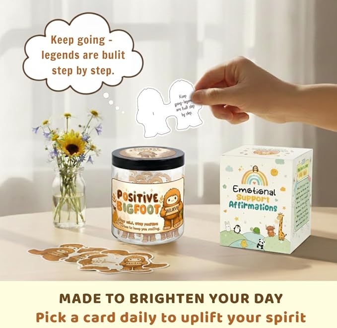 Positive Bigfoot Jar with 60 Daily Affirmation Cards, Bigfoot Gifts, Sasquatch Gifts for Men Women, Emotional Support Bigfoot Jar, Funny Gift for Dad or Husband