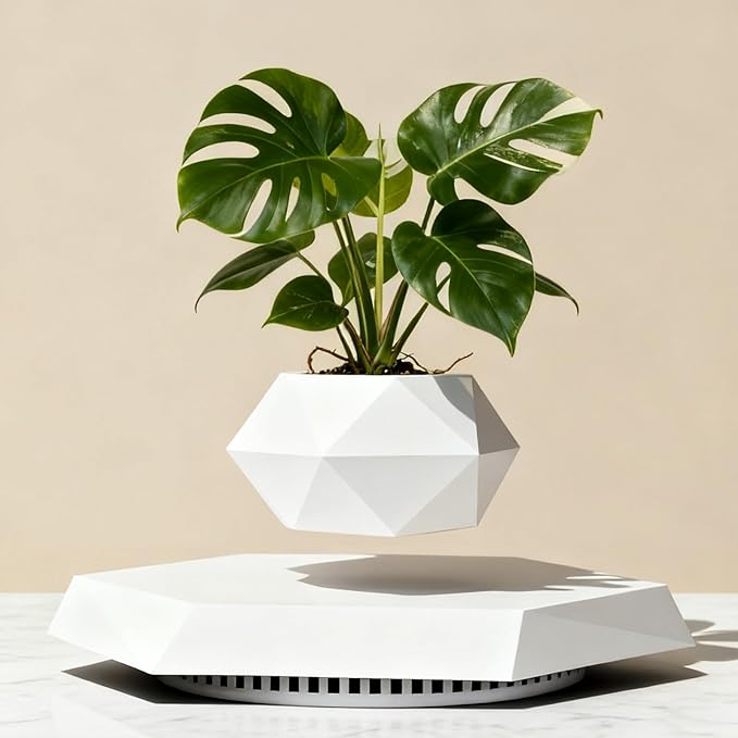 Levitating Plant Pot, Magnetic Levitation Flower Pot Rotating Planters Suspension Floating Plant Succulents Potted for Home Living Room Office Desk Decoration (White)