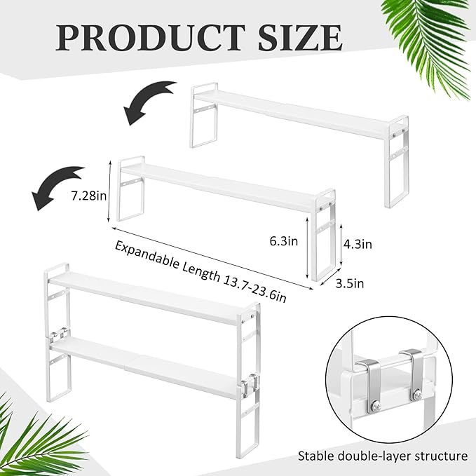 2 Pcs Expandable Window Sill Plant Shelf, 13.7 x 3.5 x 7.28 Inches, Stackable Narrow over The Sink Shelf, Adjustable Height Metal Window Sill Extender Shelves for Kitchen Bathroom (White)