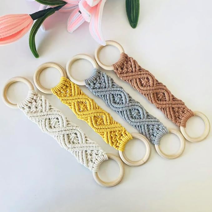 4 Pcs Boho Macrame Towel Holder Ring, Crochet Hanging Kitchen Dish Towel Holder, Handmade Kitchen Towel Hanger with Wood Hanging Loop for House Oven Stove Door