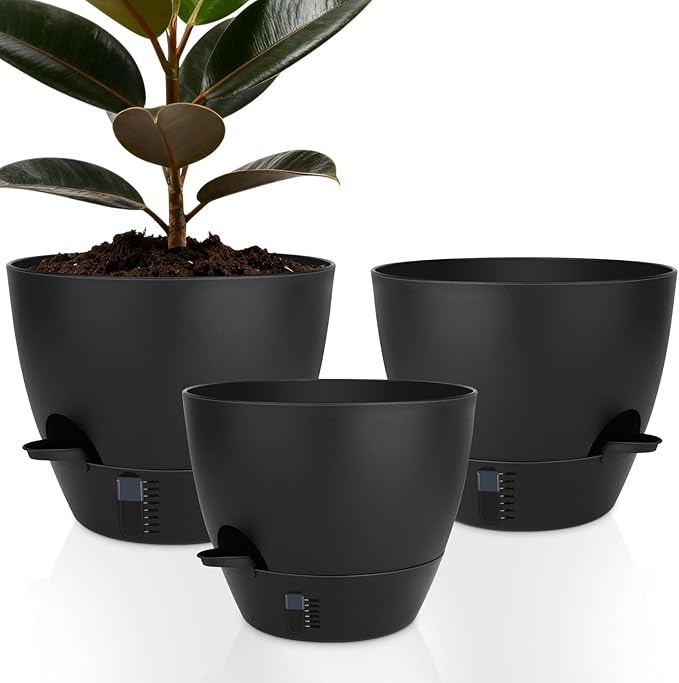 QRRICA Self-Watering Plant Pots with Water Level Indicator, Drainage Holes & Saucers – 12/10/9 Inch Large Plastic Planter Set for Indoor & Outdoor Plants (Pure Black)