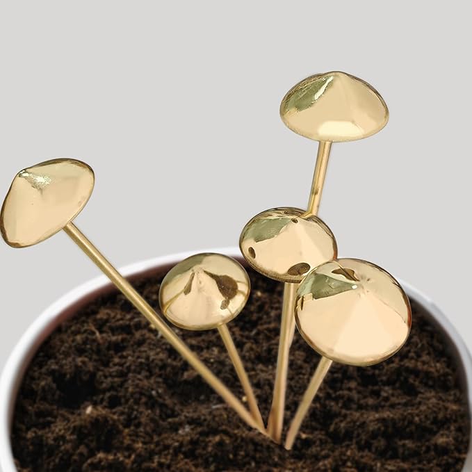 Rainteam 5Pcs Brass Fake Mushroom Plant Stakes Metal Fairy Garden Decor for Potted Plants Indoor Outdoor Plant Accessories Gift for Gardeners & Plant Lovers