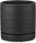 HERDUK 6 Inch Plant Pots, Ceramic Planter Pot with Drainage Hole & Saucer, Indoor/Outdoor Cylinder Round Planter Pot, Matte Black