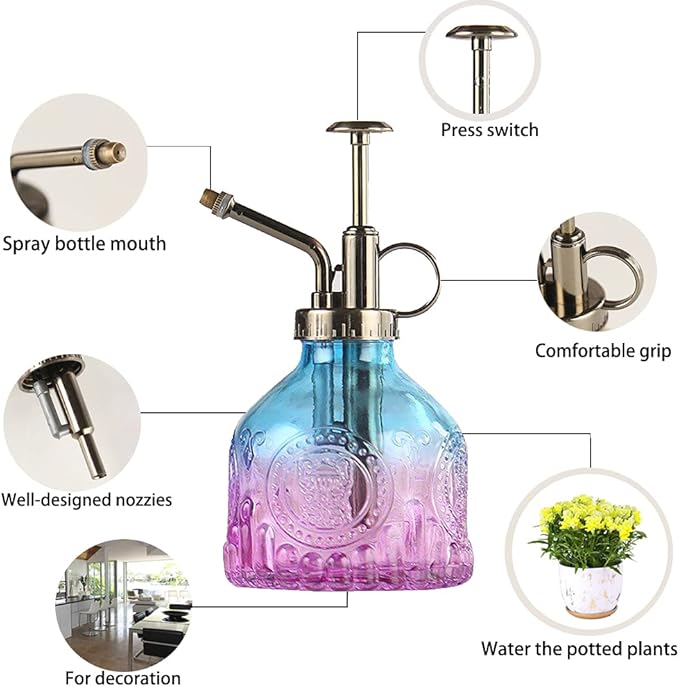 Glass Plant Mister Spray Bottle Indoor Watering Can 6.4inch Tall with Bronze Plastic Top Pump Vintage Small Plant for Outdoor Garden Succulent Flower