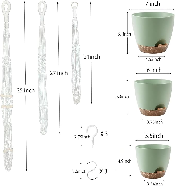 Hanging Planters with Macrame Plant Hangers for Indoor Outdoor Plants, 3 Set Hanging Baskets Flower Pots Holders 35''/27''/21'', Self-Watering Pots 7''/6''/5.5'', Boho Home Decor, Green