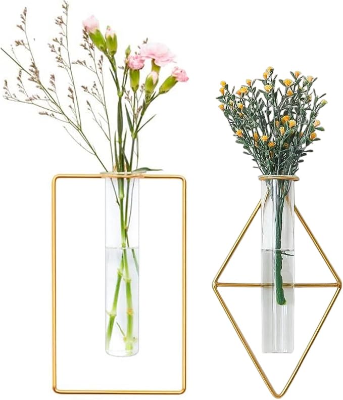 2 Pack Nordic Wall Vase Hanging Geometric Gold Flower Vase Wall Mount Metal Frame Vases Hydroponic Glass Bud Vase Decor for Home Wedding Farmhouse