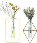 2 Pack Nordic Wall Vase Hanging Geometric Gold Flower Vase Wall Mount Metal Frame Vases Hydroponic Glass Bud Vase Decor for Home Wedding Farmhouse