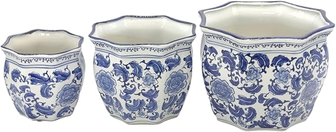 Galt International Blue & White Round Fluted Classic Floral Porcelain Ceramic Plant Flower Planter Pot Set of 3 (7.5", 10", 13") Garden Pots Chinese Asian Design