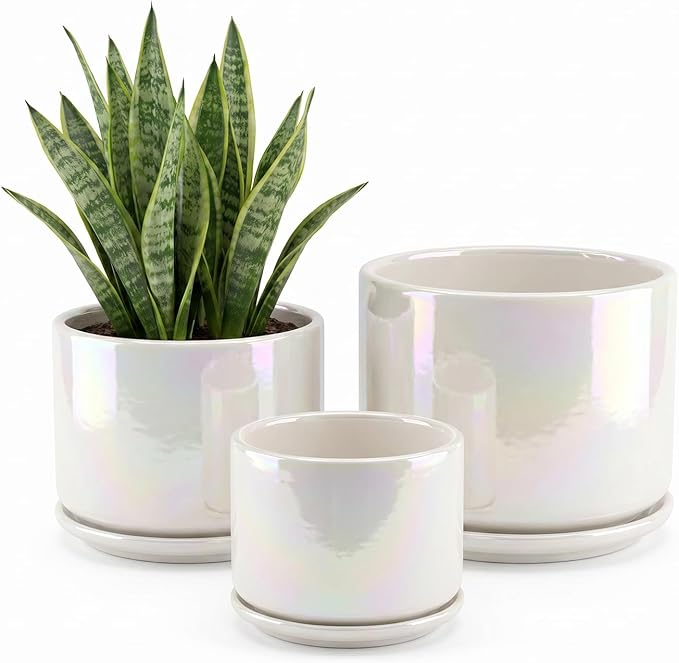 EFISPSS Plant Pots, 4+5+6 Inch Pots for Indoor Plants,Ceramic Planter Pot with Drainage Hole,Flower Pots for Succulent Cactus,Set of 3 - Rainbow Pearl Glaze