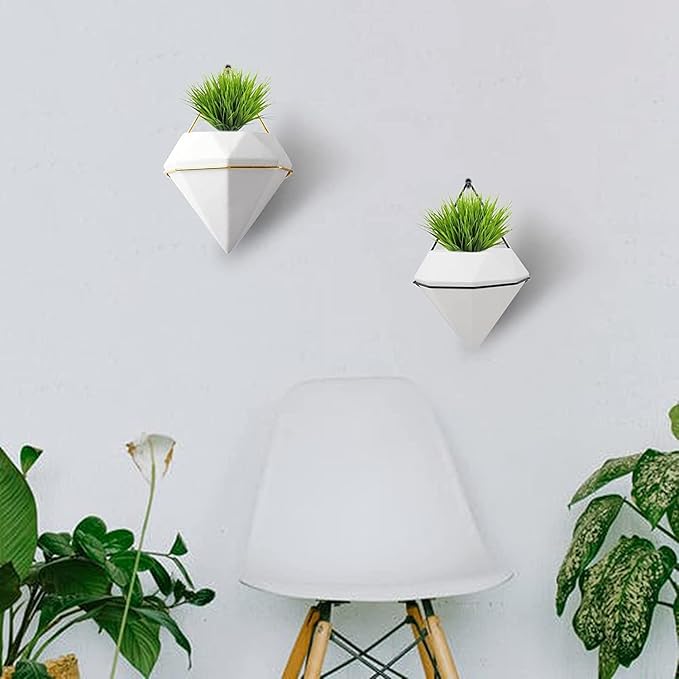 Diamond Wall Planters,Geometric Wall Flower Vases Set,Wall Mounted Plant Holder Vase,Ceramic Air Plants Hanging Holder Pots,Cactus Faux Plant Containers Modern Indoor Decor for Home Office (Golden A)
