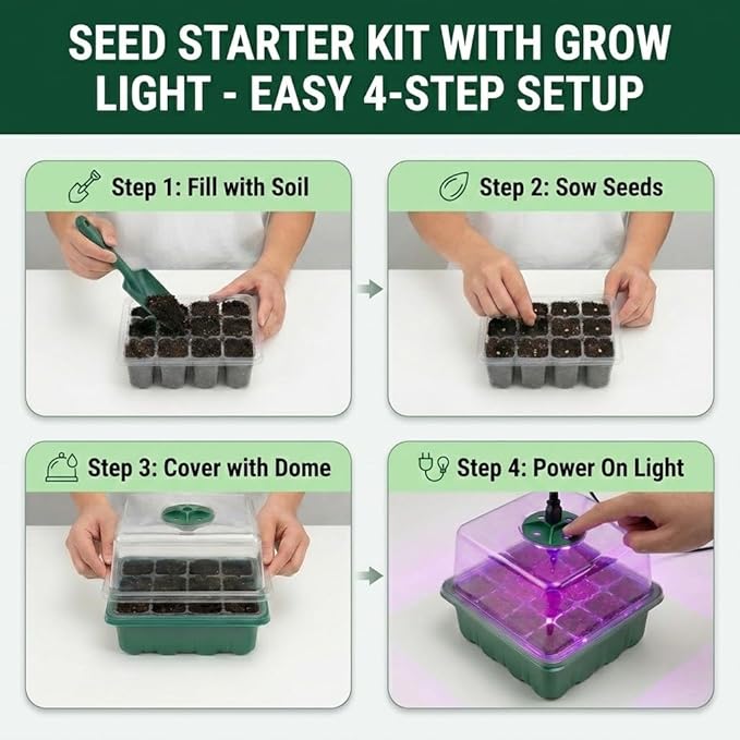 Seed Starter Kit with Grow Light, Elevated Seedling Tray Kit with Adjustable Humidity Dome and Clear Cell Tray, 12 Full Spectrum Led Beads for Seed Starting Greenhouse, 6 Pack, Green