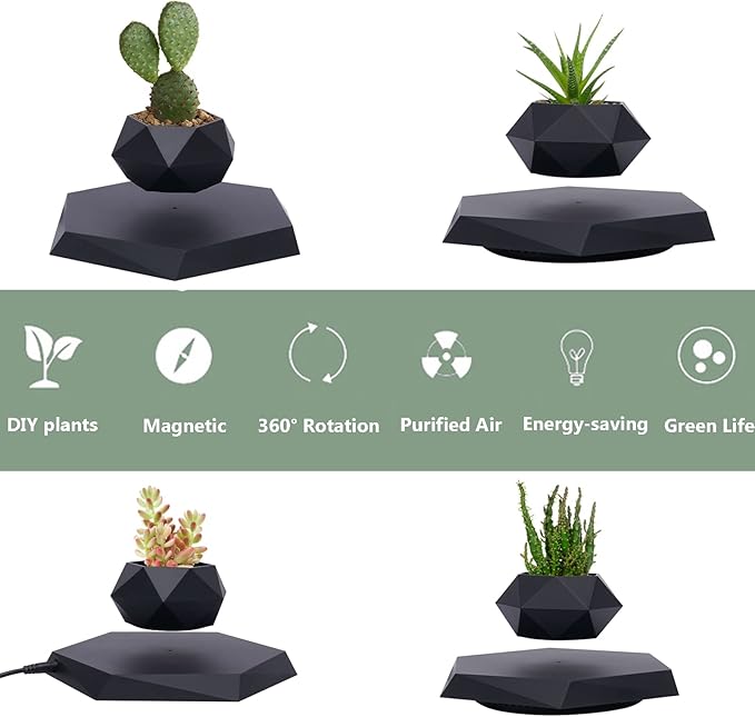 Floating Plant Pot,Magnetic Levitating Plant Pot for Air Plants,Rotating Air Bonsai Planter Flower Pot for Office Home Levitating Desk Levitating Decor(Black)