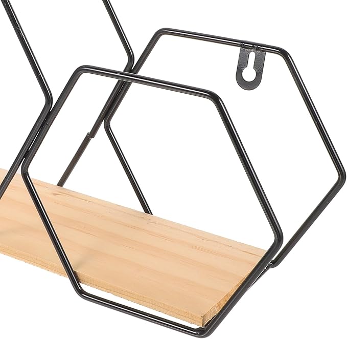 HOMSFOU Hexagon Wall Shelves Floating Wood and Metal Wall Mounted Storage Shelf Black Geometric Display Rack for Bedroom Home Décor Planter Pot Holder