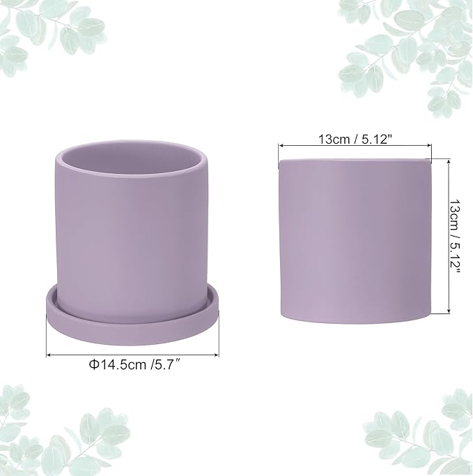 PATIKIL 5 Inch Ceramic Plant Pots, Modern Flower Planters with Drainage Holes and Tray for Decorate Home Indoor Plants Succulent Herb, Purple