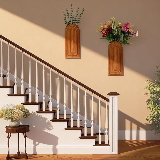 Set of 2 Wooden Wall-Mounted Vases for Dried Flowers, Boho Hanging Planters with Invisible Nails, Modern Farmhouse Home Decor for Living Room, Bedroom, Entryway, Bathroom