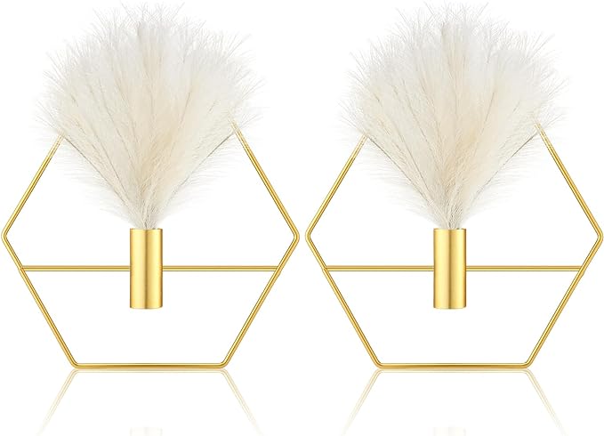 Peryiter 2 Pcs Boho Wall Decor Metal Gold Wall Art Hanging Planters with Artificial Pampas Modern Home Decor Display Art for Living Room Bedroom Bathroom(Hexagon)