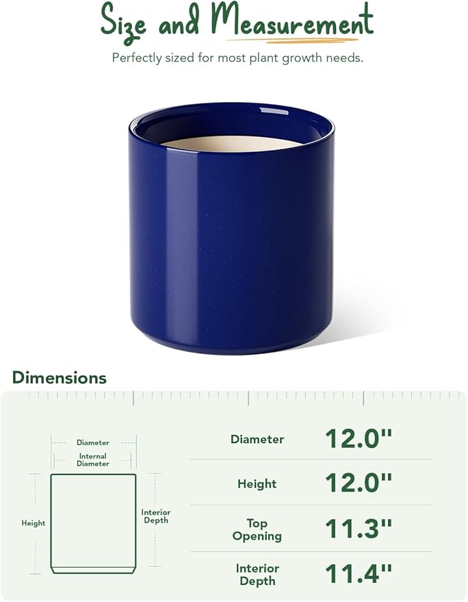 LE TAUCI 12 Inch Pot for Plants, Ceramic Planters for Indoor Plants, Mid-Century Modern Cylinder Flower Pots with Drainage Hole, Fits Fiddle Leaf Fig & Monstera, Home Decor, Midnight Blue