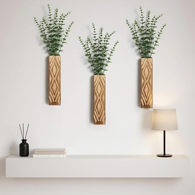3 Pack Boho Wood Wall Planters for Indoor Plants- Geometric Hanging Vases, Modern Farmhouse Wall Decor Holders for Entryway, Bathroom & Living Spaces, Plants Excluded (Log Color-a)