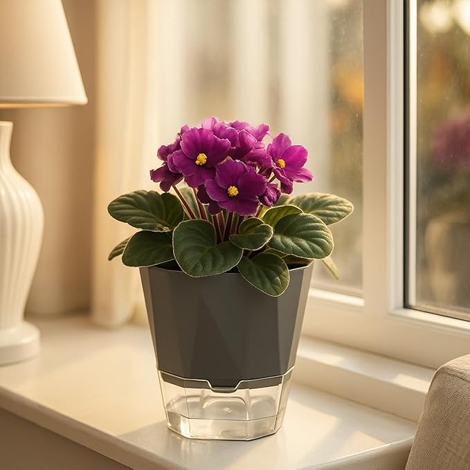 4 Pack Self Watering Pots for Indoor Plants, 10 Inches Self Watering Planters African Violet Pots Clear Pots for Herb Orchid Flower Houseplant, Dark Grey