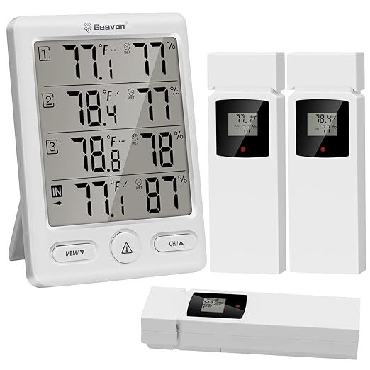 Geevon Indoor Outdoor Thermometer Wireless with 3 Remote Sensors, Digital Hygrometer Indoor Thermometer, Temperature Humidity Monitor Gauge with 200FT/60M Range