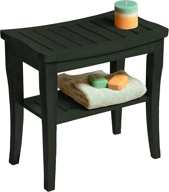 Black Shower Bench - Small Wooden Shower Stool with Storage Shelf, Non-Slip Bathroom Seat, Spa Decor Bath Bench, Foot Rest Shaving Stool for Shower, Indoor Outdoor Use, Great Gift Idea (17" x 9 x 17)
