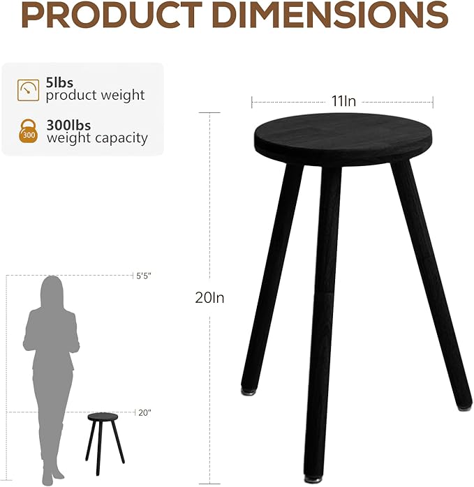 Small Round Side Table Adjustable Height Solid Wood Drink Table Indoor Tall Plant Stand Multi-Use Accent Stool-11‘’D × 20“H (Black)