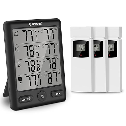 Geevon Indoor Outdoor Thermometer Wireless with 3 Remote Sensors, Digital Hygrometer Thermometer, Wireless Temperature Humidity Monitor Gauge with 200FT/60M Range
