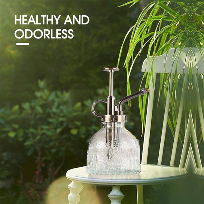 Plant Mister Glass Spray Bottle Small Plant Watering Can 6.4" Tall Retro Indoor Watering Can Bronze Plastic Top Pump for Garden Indoor Plant Sprayer (Transparent)