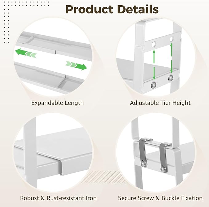 Expandable Window Shelf for Plants, 2-tier Adjustable Metal Storage Rack, Slim Kitchen Sink Organizer, Narrow Countertop Storage Holder, Rust Resistant White Finish