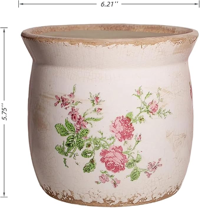 Xiaan Jiaju Cottage Ceramic Pots for Plants, 6.21 Inch Vintage Shabby Chic Planters for Indoor Plants, French Country Spring Balcony & House Decor, Pink Floral Vases for Centerpieces, Gardening Gifts