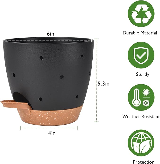 Vanslogreen 6 Inch Orchid Pots with Holes, 2 Pack Self Watering Planters for Orchids Plastic Orchid Pot Plant Flower Pots for Orchids Indoor Outdoor (Black with Brown)