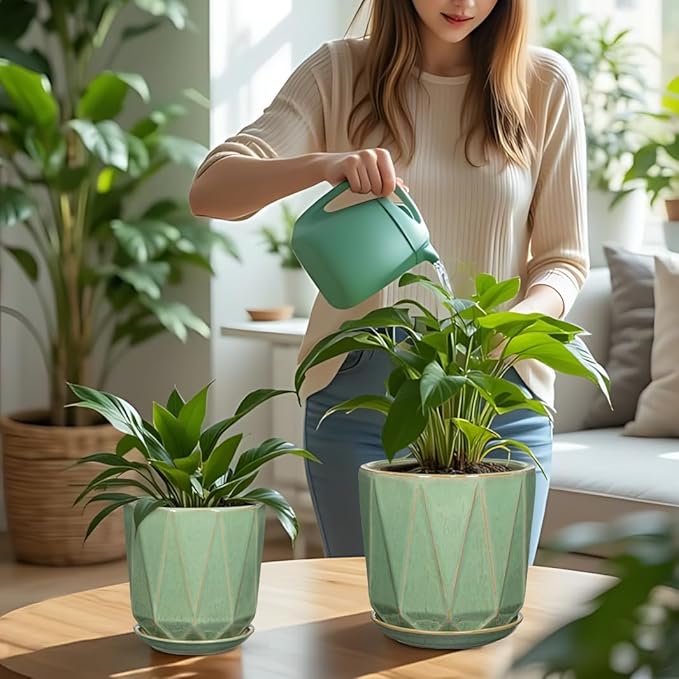 Oairse Ceramic Pots for Plants, 8+6 inch Plant Pots with Drainages Holes & Saucers Large Sage Green Ceramic Planters Decorative Flower Pot for Indoor Plants Outdoor Inoor
