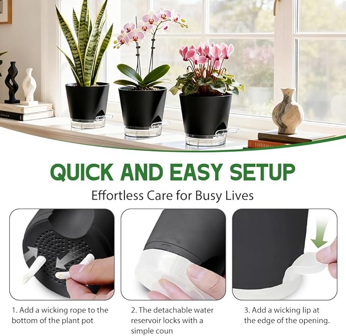 Self Watering Pots for Plants, 2026 New Flower Plant Pots with Drainage Holes, Wicking and Clear Reservoirs for Succulent, Aloe, Cacti and Others - 6 Pack (Black, 5")
