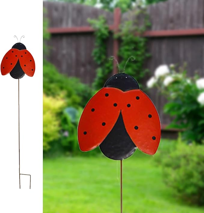 Garden Decor Metal Yard Stakes Spring Lawn Art Decorative Plant Stake Indoor Outdoor Ornaments Decoration for Patio Pathway Backyard (Ladybug)